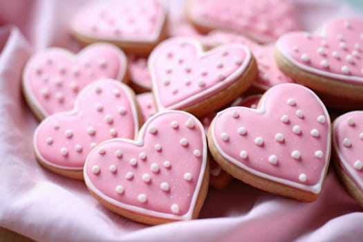 Attractive Pink colorful heart cookies. Sugar sweet dessert romantic pastry. Generate Ai