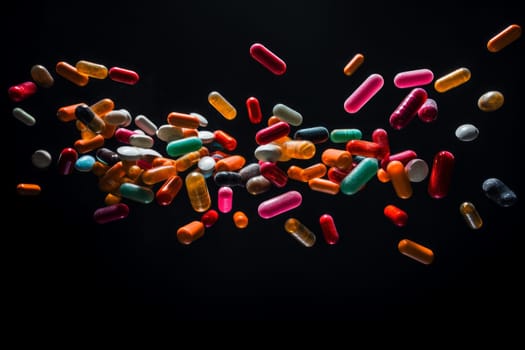 Descending Pills falling. Medicine capsule treatment. Generate Ai