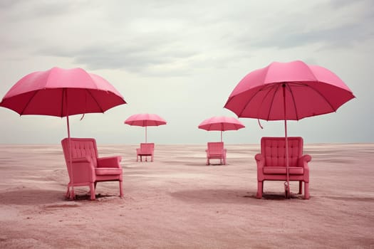 Pink beach surreal umbrella. Art summer. Generate Ai
