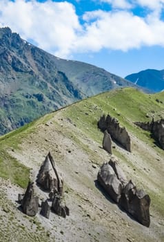 Mountain landscape with grass in the hills. Mountain landscape. Mountain vegetation.
