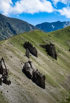Mountain landscape with grass in the hills. Mountain landscape. Mountain vegetation.