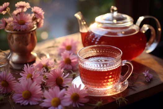 Pink chamomile tea cup banner. Flower love nature hot drink daisy. Generate Ai