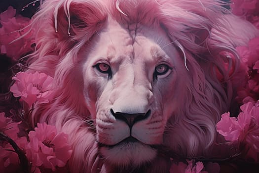 Striking White lion pink background closeup. Cat mask. Generate Ai