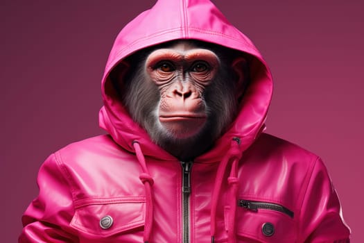 Pink monkey. Funny character in jacket. Generate Ai