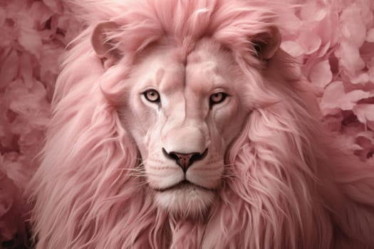 Vivid White lion pink background closeup. Cat mask. Generate Ai