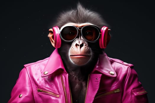 Vibrant Pink monkey. Funny character in jacket. Generate Ai