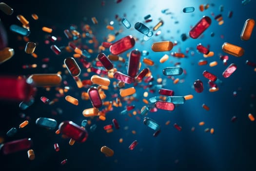 Scattered Pills falling. Medicine capsule treatment. Generate Ai