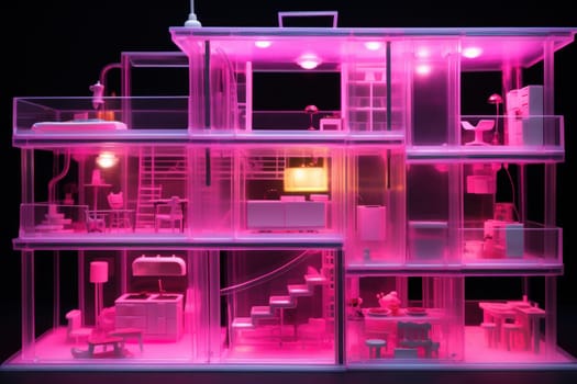 Vibrant Pink neon doll house. Modern design. Generate Ai