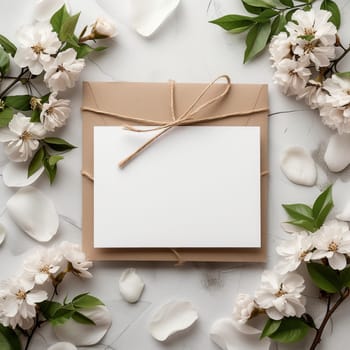 A pristine white invitation card, tied with natural twine, sits among a vibrant array of white peonies on a textured background. The elegant setup suggests a celebration of pure and timeless beauty.