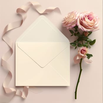 An ivory envelope, sealed with a pale pink ribbon, is complemented by soft pink roses on a muted backdrop, creating a portrait of romantic sophistication. It is a timeless statement of love elegance