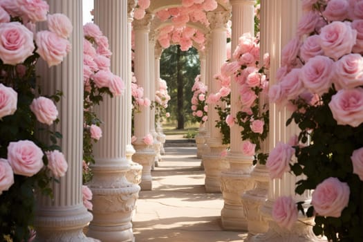 Pink roses column. Pink plant decoration. Generate Ai