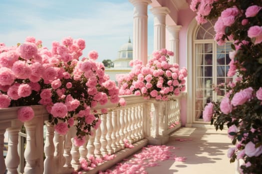 Balcony with pink rose. Blossoming flowers on terrace. Generate ai