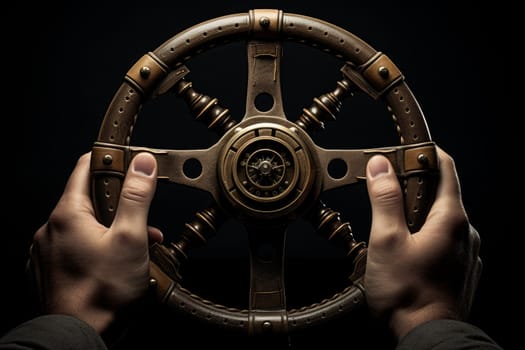 Dark Night hands steering wheel. Night drive. Generate Ai