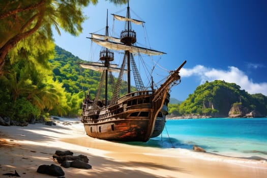 Abandoned Pirate ship at beach. Sea tropical island. Generate Ai