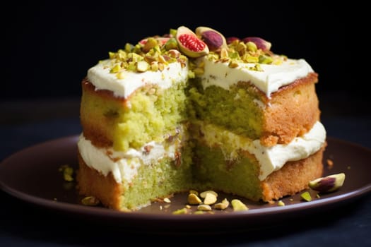 Moist Pistachio cake slice. Tasty cream. Generate Ai