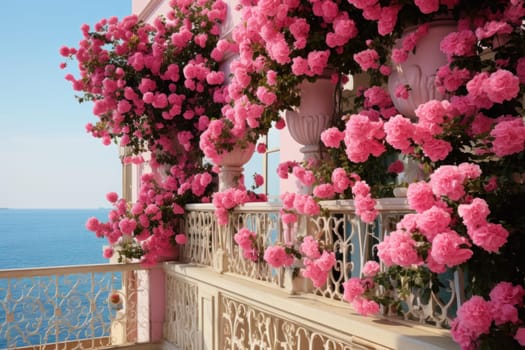 Balcony with pink rose. Blossoming flowers on terrace. Generate ai