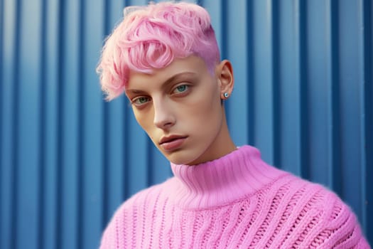 Charismatic Pink non binary model. Happy person wearing rose clothes with pink hairstyle. Generate ai