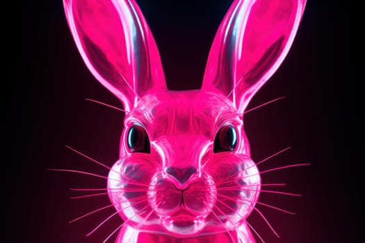 Glowing Pink neon rabbit. Animal cute card. Generate Ai