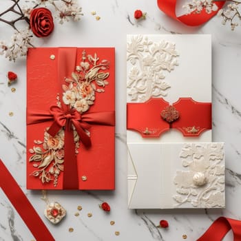 This image displays a luxurious red and white themed wedding invitation set, adorned with gold accents and intricate floral embossing.