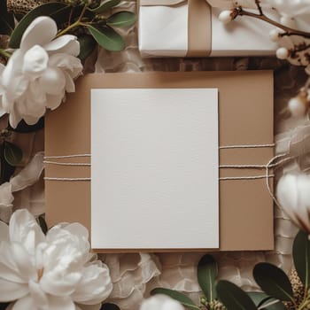 A blank card lies surrounded by lush peonies and rustic gift wrapping, creating an inviting space for personalized messages. The warm tones and soft textures evoke a sense of comfort and affection.