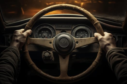 Night hands steering wheel. Night drive. Generate Ai