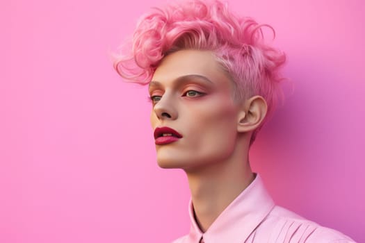 Pink non binary model. Happy person wearing rose clothes with pink hairstyle. Generate ai