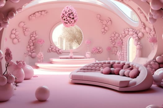 Pink flamingo themed room with furniture. Cozy pink couch in rose-hued party living room. Generate ai