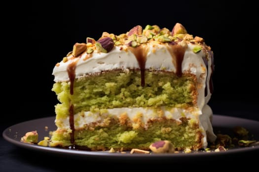 Pistachio cake slice. Tasty cream. Generate Ai