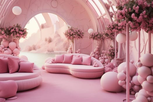 Unique Pink flamingo themed room with furniture. Cozy pink couch in rose-hued party living room. Generate ai