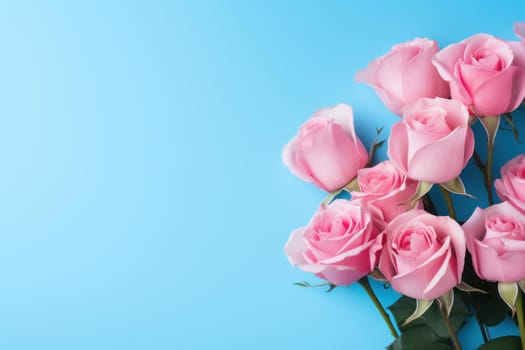 Pink roses blue background bush. Life flower. Generate Ai