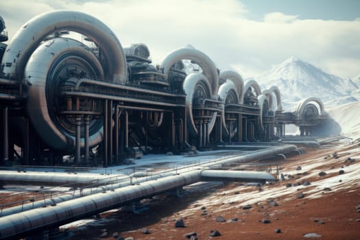 Pipeline wind turbines. Sky pipe metal. Generate Ai