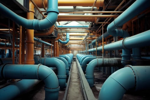 Complex Pipes installing concrete tunnel road. Works plumbing waster engineer construction. Generate Ai