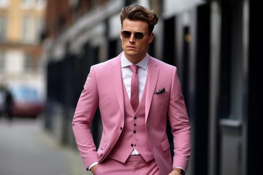 Flamboyant Pink suit men. Adult model. Generate Ai
