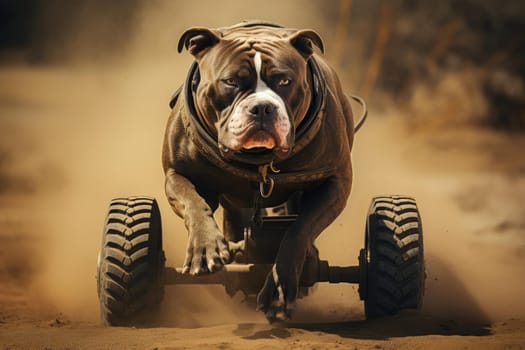 Pitbull running sand. Active domestic puppy outdoor activity. Generate ai