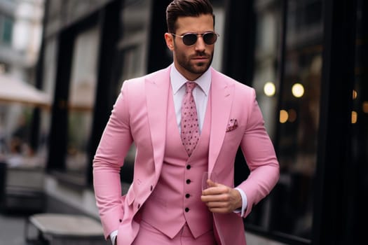 Pink suit men. Adult model. Generate Ai