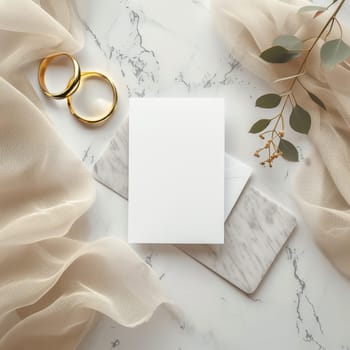 A pristine wedding invitation set is complemented by golden rings and eucalyptus branches, all resting on a marble and tulle background. Symbolizing everlasting love for wedding announcements