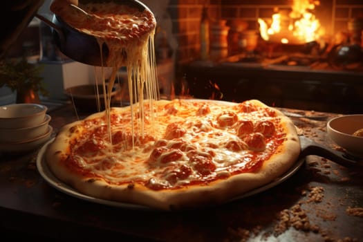 Stringy Hot pizza cheese. Piece cooking. Generate Ai