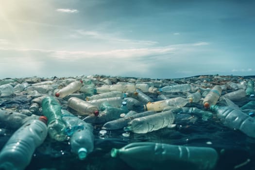 Warming Plastic water bottles ocean sunlight. Garbage dirty. Generate Ai