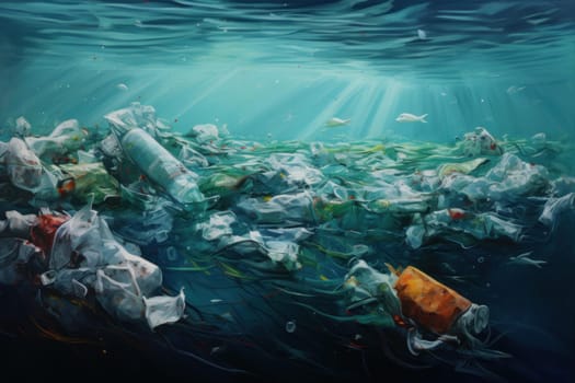 Plastic water bottles ocean sunlight. Garbage dirty. Generate Ai