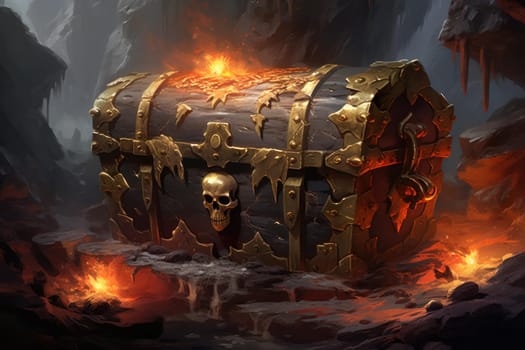 Mysterious Skull pirate chest. Adventure cave box. Generate Ai