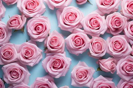 Contrasting Pink roses blue background bush. Life flower. Generate Ai