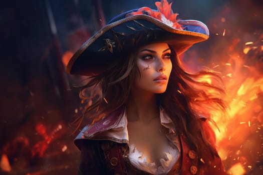 Pirate queen portrait. Face art retro person girl. Generate Ai