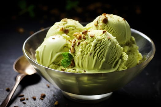 Indulgent Pistachio ice cream. Gelato food. Generate Ai