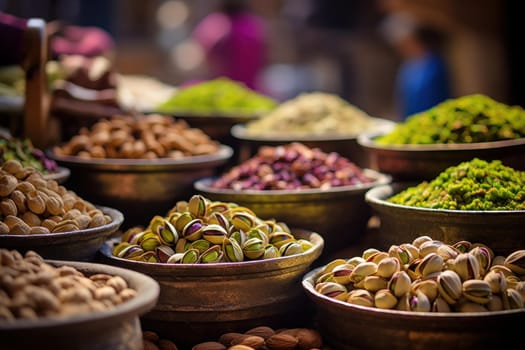 Pistachio nuts market basket. Green nutrition. Generate Ai