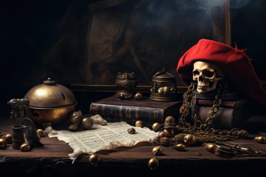 Adventurous Pirate day ship. Travel sea map. Generate Ai
