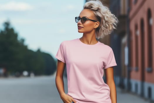 Smooth Pink tshirt mockup female. Female model. Generate Ai