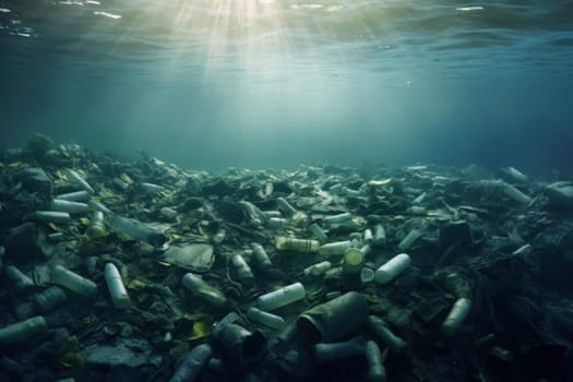 Polluted Plastic water bottles ocean sunlight. Garbage dirty. Generate Ai