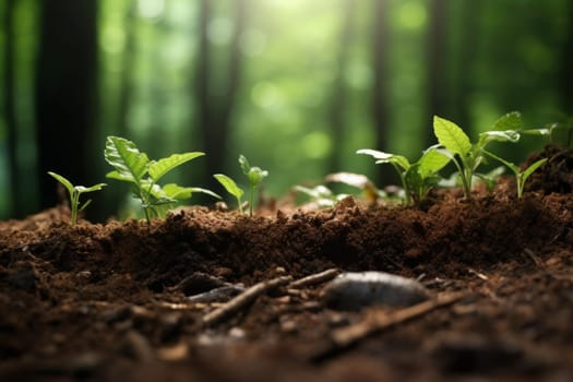 Unspoiled Plant growing forest soil. Sunshine baby. Generate Ai