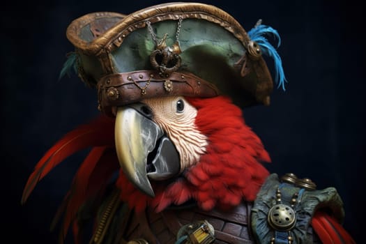 Exotic Pirate parrot head. Tropical ship animal. Generate Ai