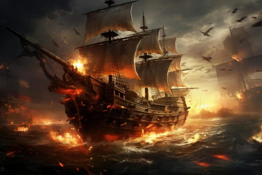 Chaotic Pirate ships battle. Sail war fog. Generate Ai